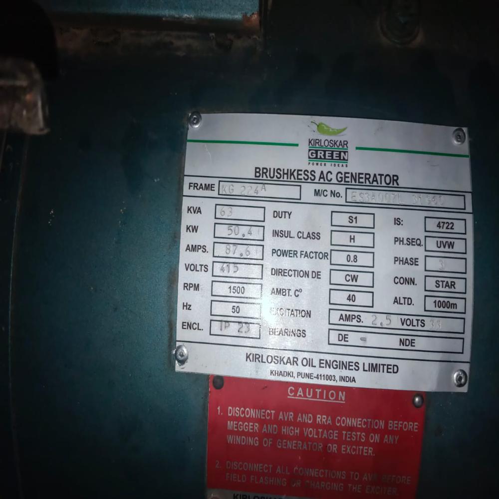 62.5 KVA Kirlosker 2012 model Used Diesel Generator