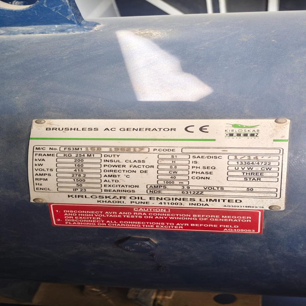 200 KVA Kirlosker 2015 Model Used Diesel Generator