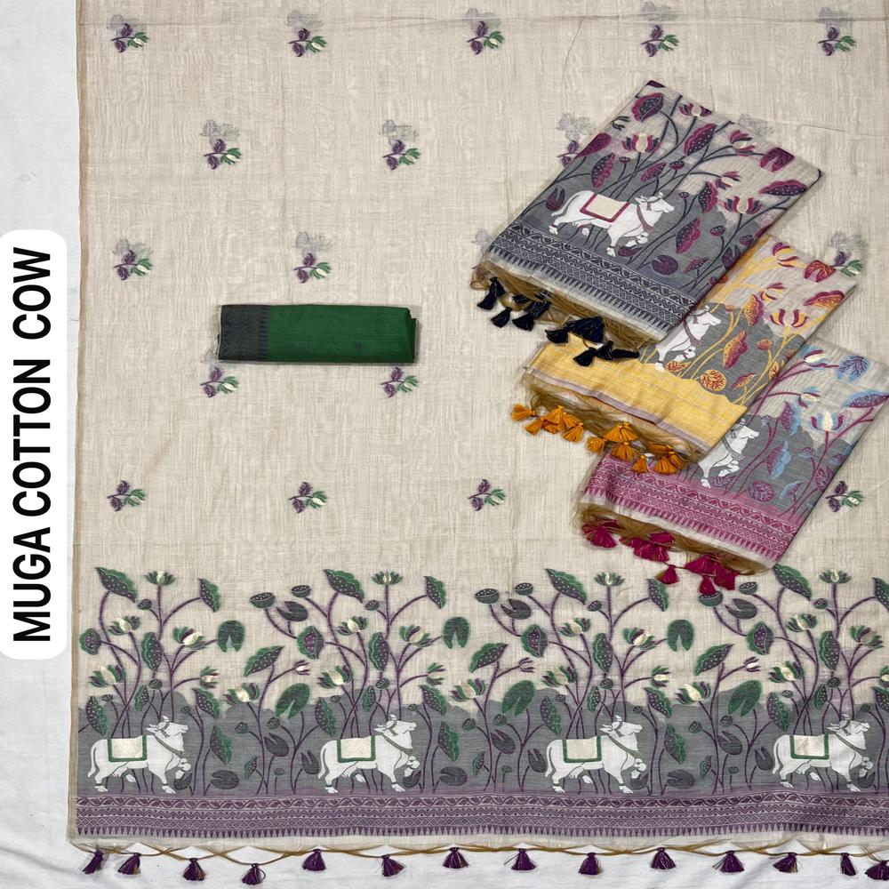 PREMIUM MUGA COTTON SAREE WITH PICHWAI WEAVING WORK