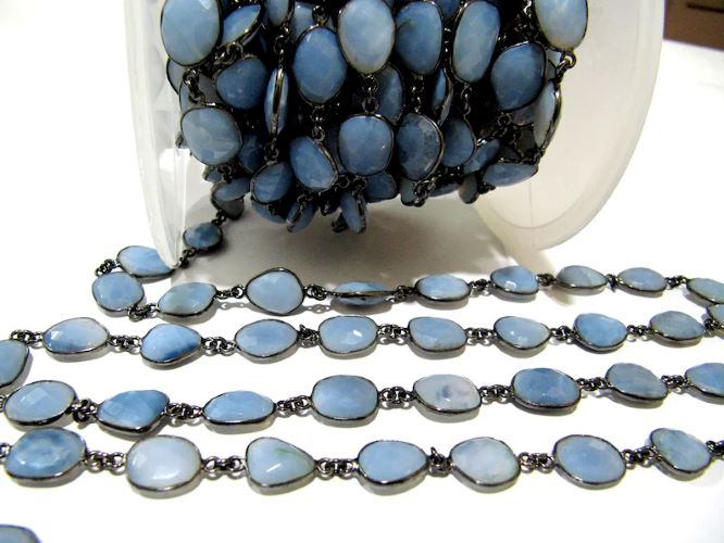 Natural Blue Opal Uneven Free Shape Briolette Bezel Connector Chain Size 12-15mm
