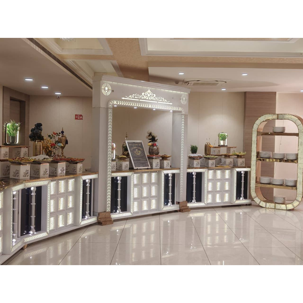 Modern wedding catering display buffet counter.