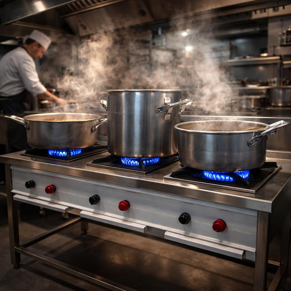 Commercial Cooking Range - Stainless Steel, Semi Automatic, Rectangle Shape | Ideal For Hotel, Restaurant, Canteen, 1-year Warranty, Silver Finish