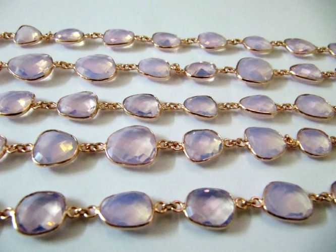 Pink Opal Quartz Uneven Free Shape Briolette Bezel Connector Chain Size 12-15mm  Chain