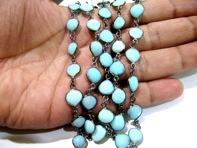 Natural Blue Opal Heart Shape Briolette Faceted Size 10mm to 11mm Bezel Connector Chain