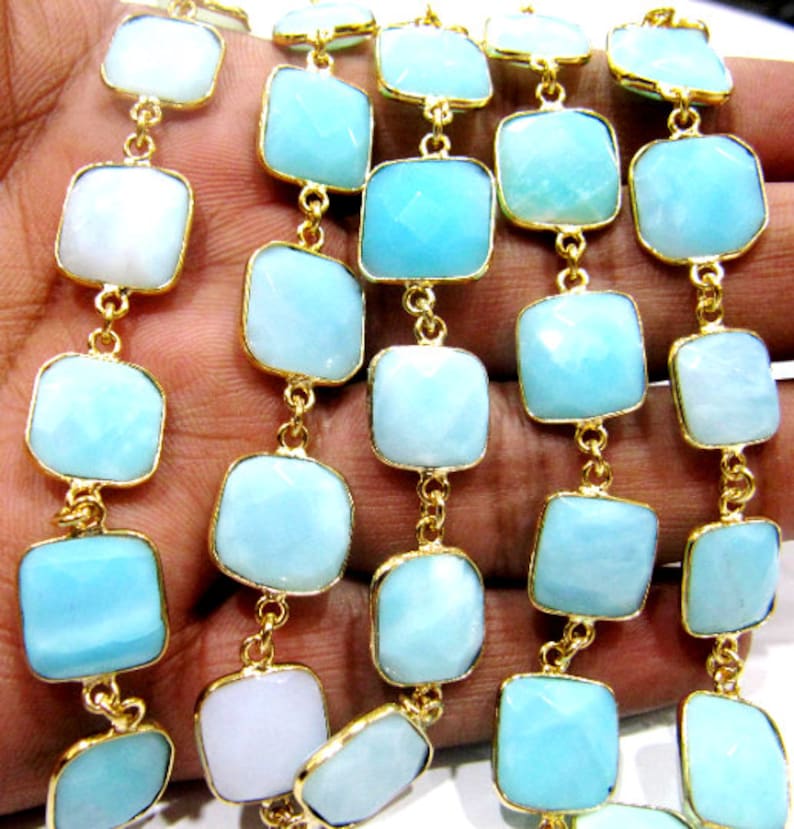Natural Peruvian Blue Opal Cushion Shape Size 9 to13mm Briolette Faceted Bezel Connector Chain