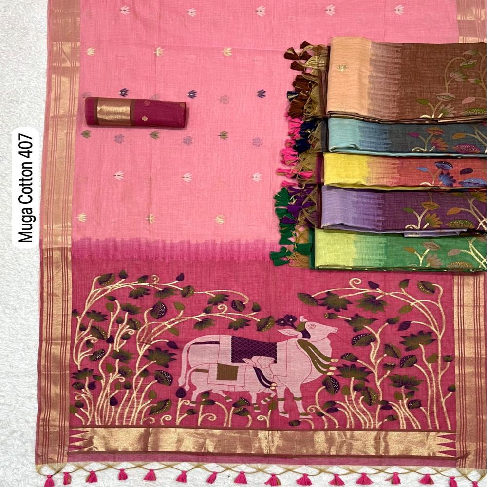 PREMIUM MUGA COTTON SAREE WITH PICHWAI WEAVING WORK