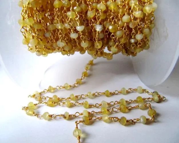 Natural Yellow Opal Rondelle Faceted Beaded Wire Wrapped Rosary Aati Chain 3mm Size