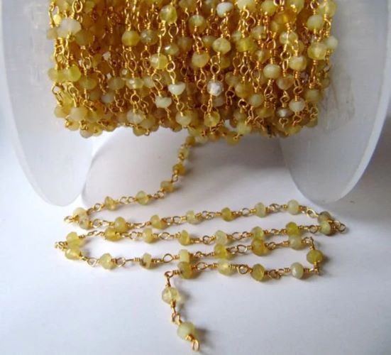 Natural Yellow Opal Rondelle Faceted Beaded Wire Wrapped Rosary Aati Chain 3mm Size