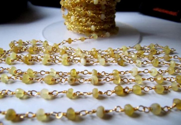 Natural Yellow Opal Rondelle Faceted Beaded Wire Wrapped Rosary Aati Chain 3mm Size