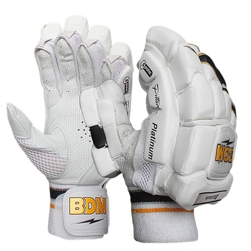 Platinim Batting Gloves - PU Leather, Mens Standard, White/Black/Blue, Multi-Layer Protection, Breathable Mesh, Adjustable Wrist Strap