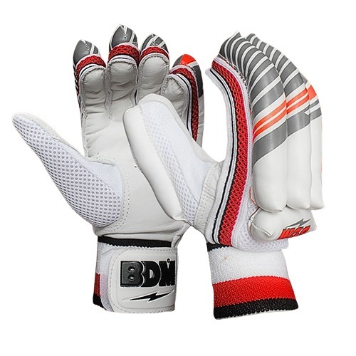 Club Supporter Batting Gloves - PU Nylon Cotton, Standard Size, White with Black and Red Accents | Pre-Curved Fingers, Extra Foam Palm Padding, Mesh Inserts, Elastic Wrist Guard