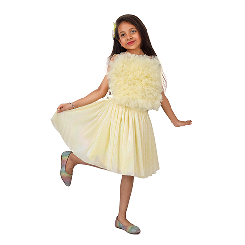Girls Cham pagne Tulle Party Dress, One shoulder Layered skirt, knee length in Crepe