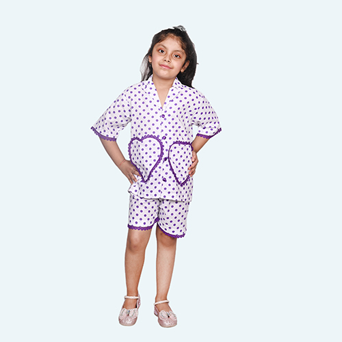 Girls Purple Night Suit Set, Half Sleeve Knee Length In Cotton