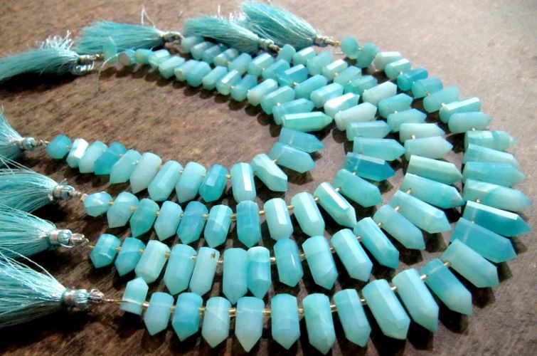 Natural Peruvian Blue Opal Briolette Faceted Pencil Bullet Shape 0.5 to 1 inch long beads Strand 8 inches