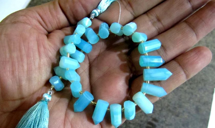 Natural Peruvian Blue Opal Briolette Faceted Pencil Bullet Shape 0.5 to 1 inch long beads Strand 8 inches