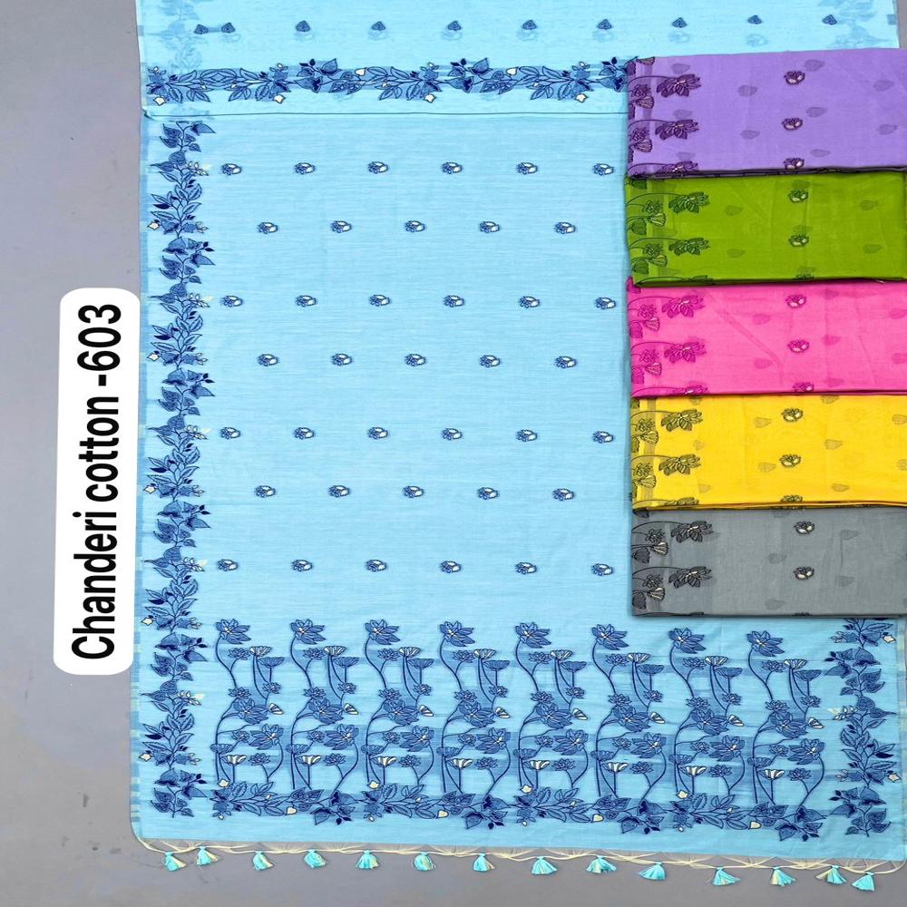 SMART CASUAL CHANDERI COTTON SAREE WITH FLORAL WEAVING WORK