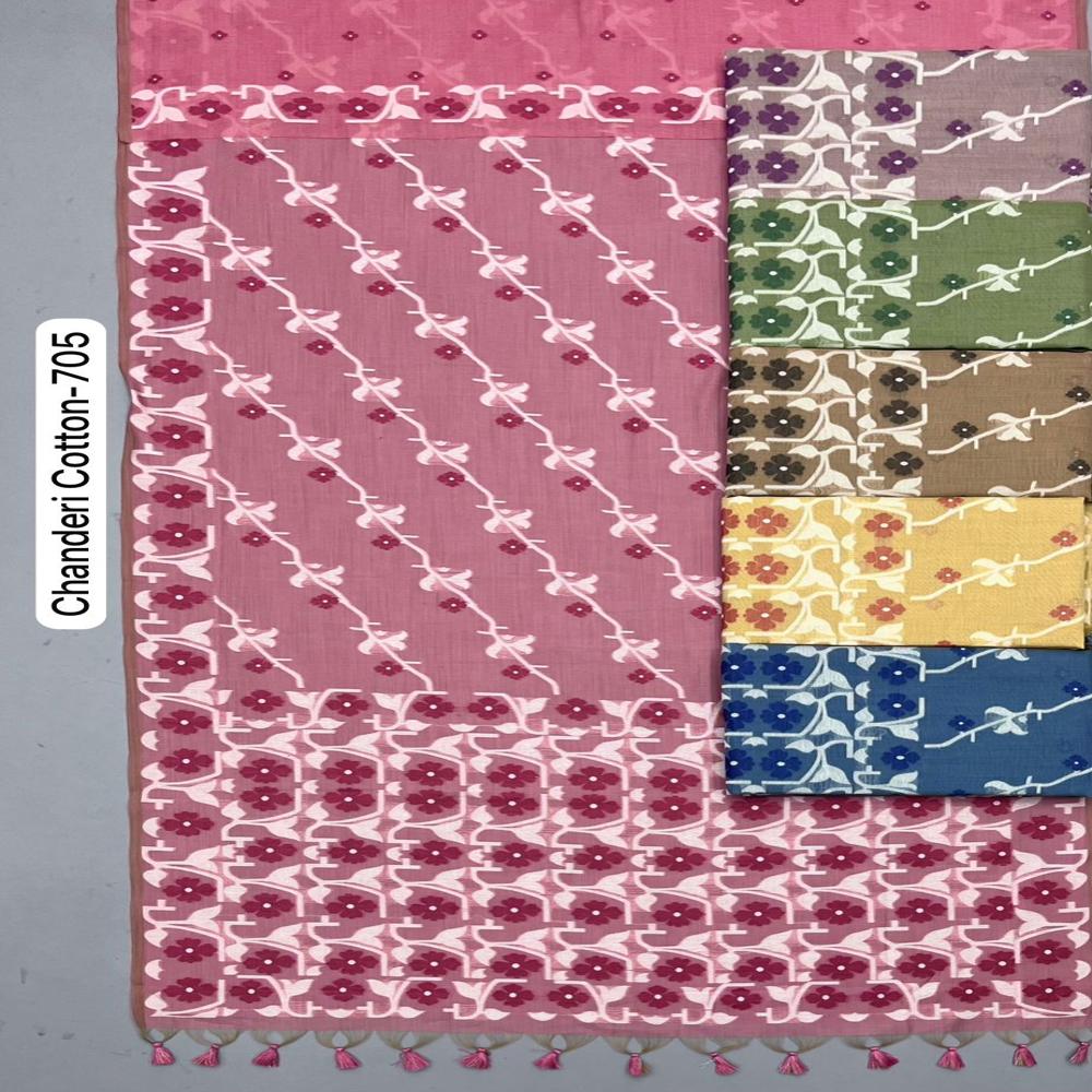 SMART CASUAL CHANDERI COTTON SAREE WITH FLORAL WEAVING WORK