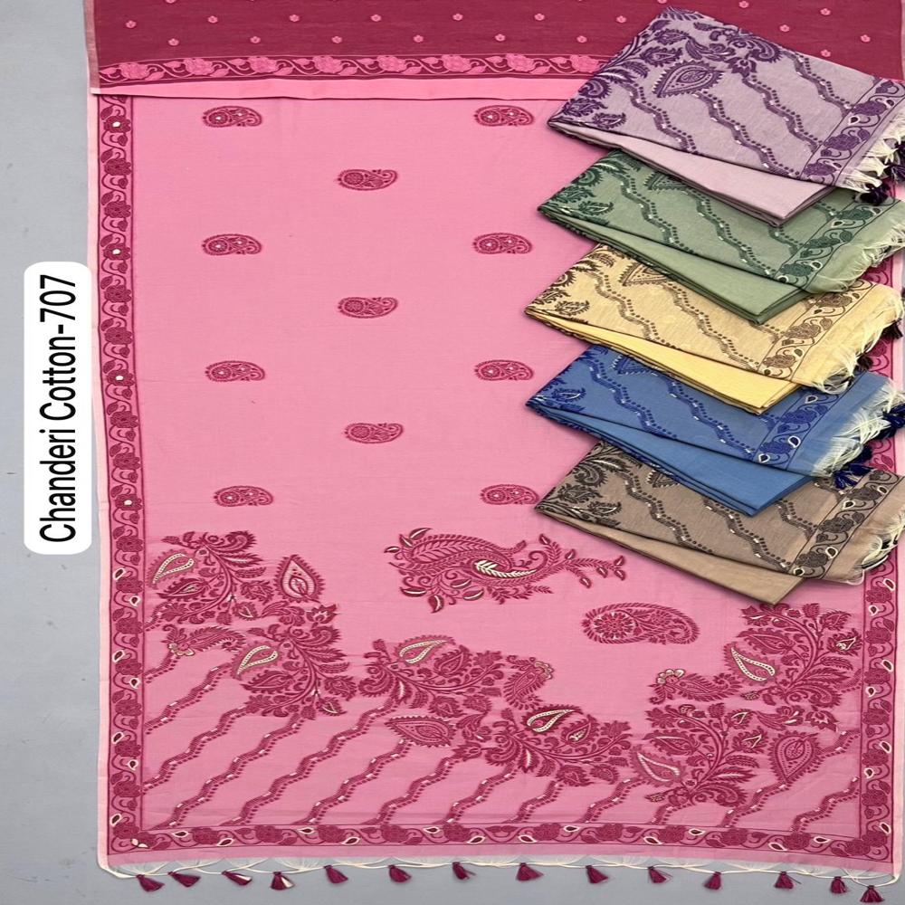 Smart Casual Chanderi Cotton Saree With Floral Weaving Work - Color: Pink