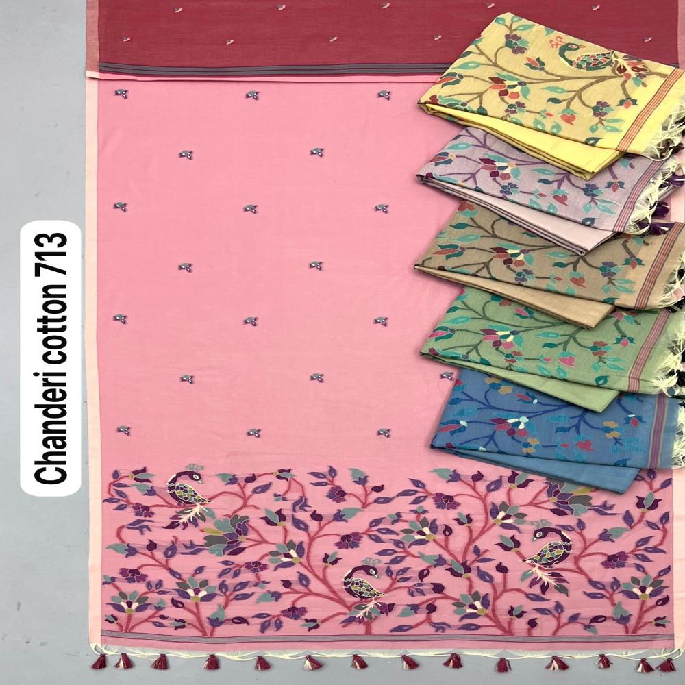 SMART CASUAL CHANDERI COTTON SAREE WITH PEACOCK & FLORAL WEAVING WORK