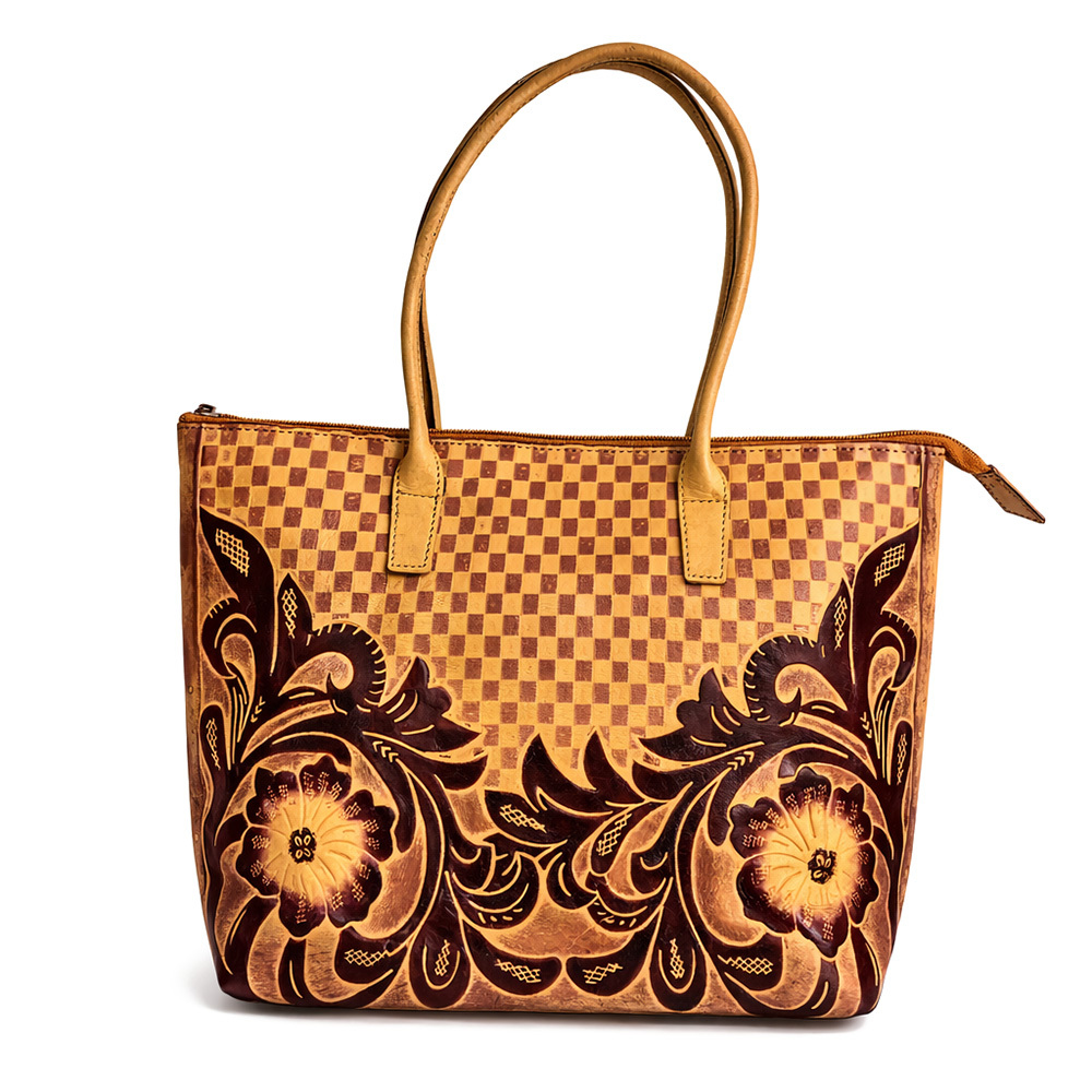 Handcrafted Matt Pair Flower Design Goat Skin Large Leather Bag