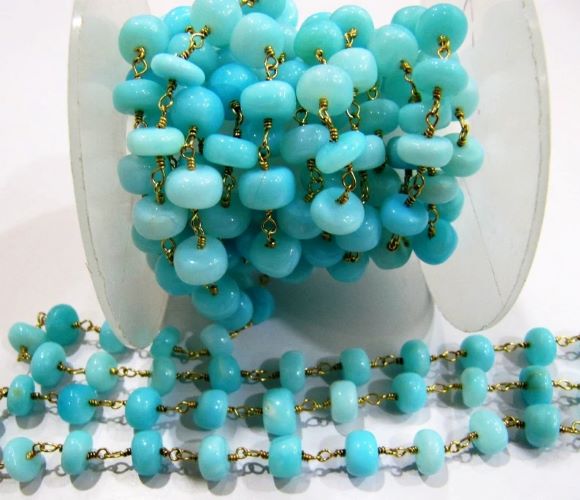 Natural Blue Opal Rondelle 10 mm Plain Smooth Beaded Rosary Chain Sold Per Foot 
