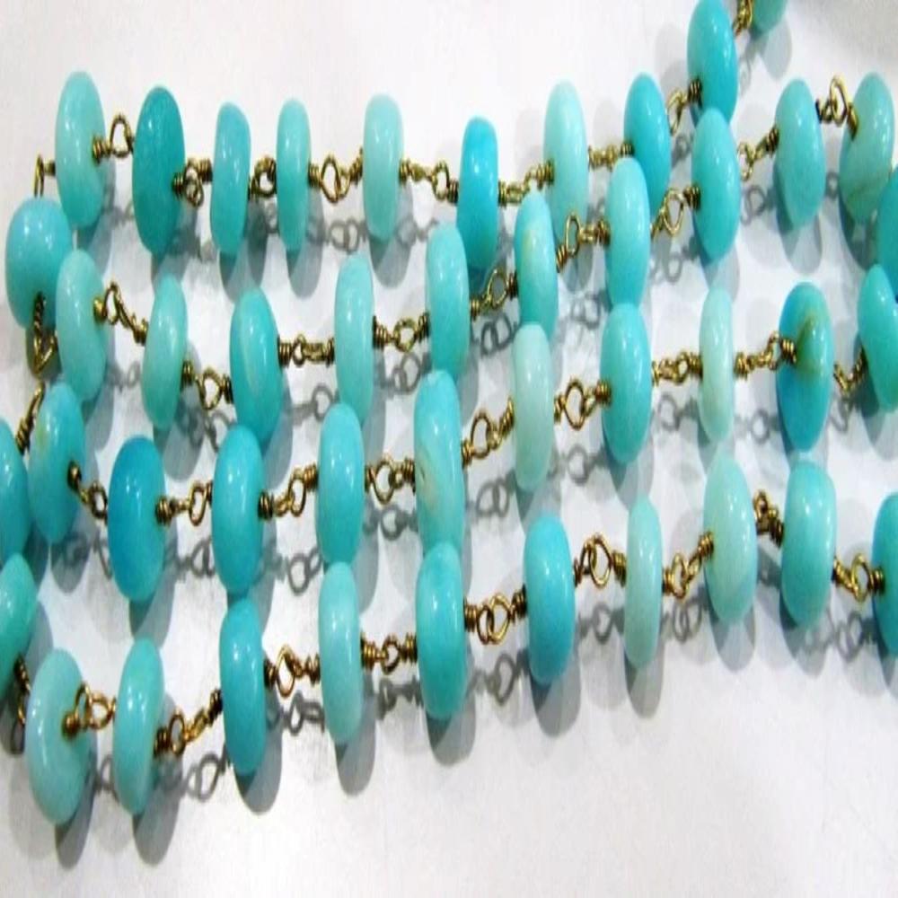 Natural Blue Opal Rondelle 10 mm Plain Smooth Beaded Rosary Chain Sold Per Foot 