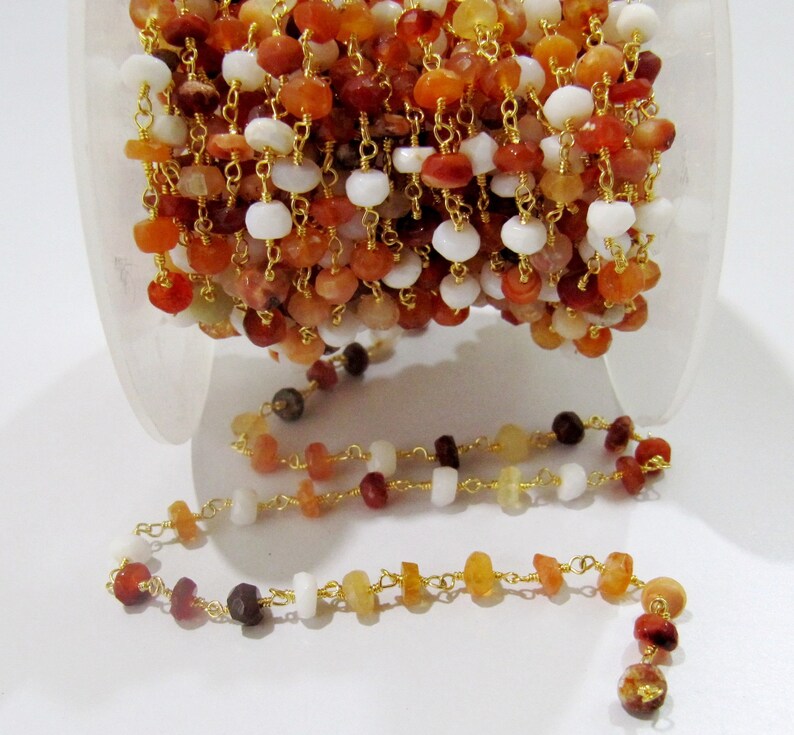 Natural Fire Opal Rosary Chain 4 to 5mm Rondelle faceted Beads, Genuine Fire opal Beads Wire Wrapped Chain