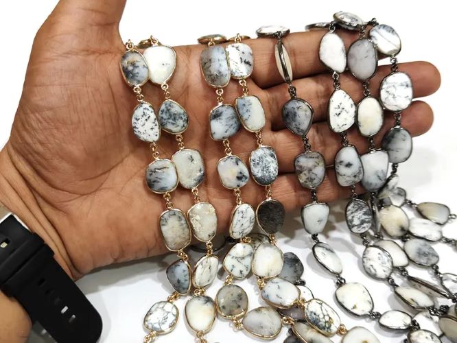 Dendrite Opal Bezel Connector Chain: Natural Free Shape, 15-18mm