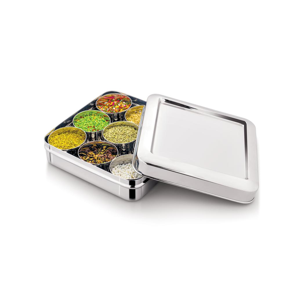 Stainless Steel Dryfruits Masala Box 9 In 1 (Round Vati) - Color: Silver With Transparent Lid