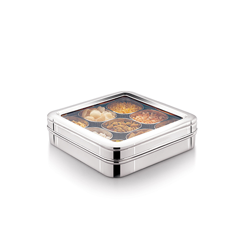 ACURA 9 IN 1 Dryfruits Masala Box Seethru (Square Vati Deep) - Stainless Steel, 10x10 Inch, Silver with Transparent Lid | Airtight, Removable Compartments, Dishwasher Safe