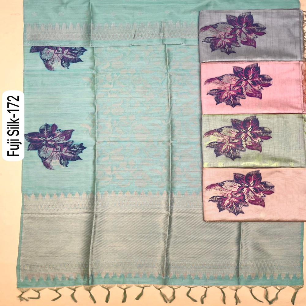 Premium Fuji Silk Jacquard Weaving Saree With Floral Border Weaving Pallu - Color: Firozi