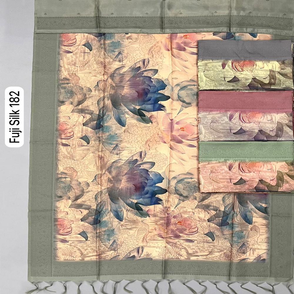 Elegant Fuji Silk Weaving Saree with Designer Border and Rich Pallu And Digital printed work