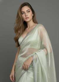 Twine Net Pista Color Saree - Occasion: Party Wear