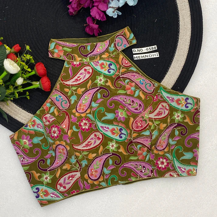 BL 6588 Halter Neck Back Open Premium Zip And Hook Sleeveless Heavy Embroidery Work Blouse