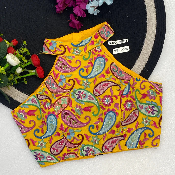 BL 6588 Halter Neck Back Open Premium Zip And Hook Sleeveless Heavy Embroidery Work Blouse