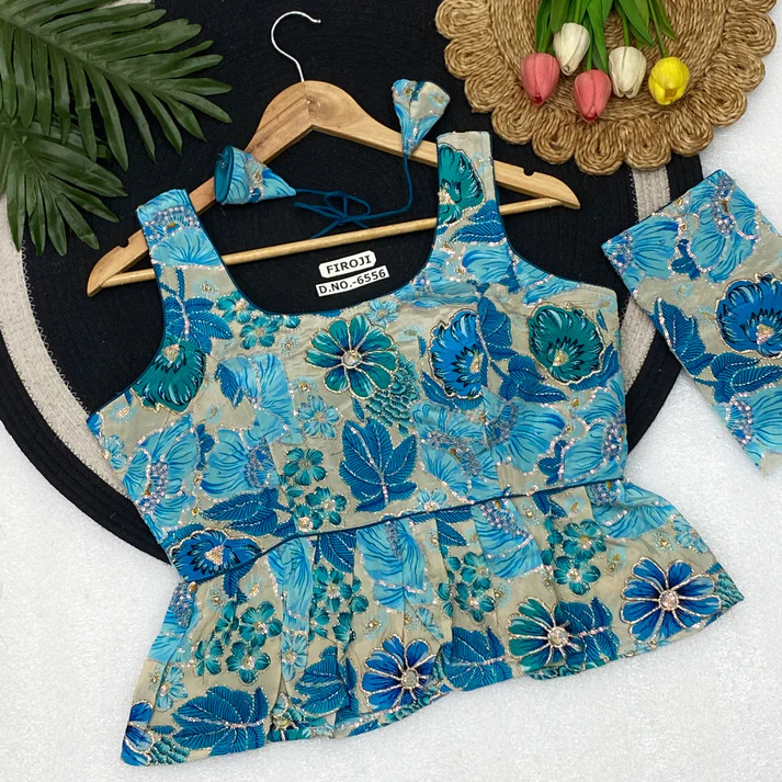 BL 6556 Crepe Viscose Peplum Blouse Position Print Embroidery And Convertible Sleeves