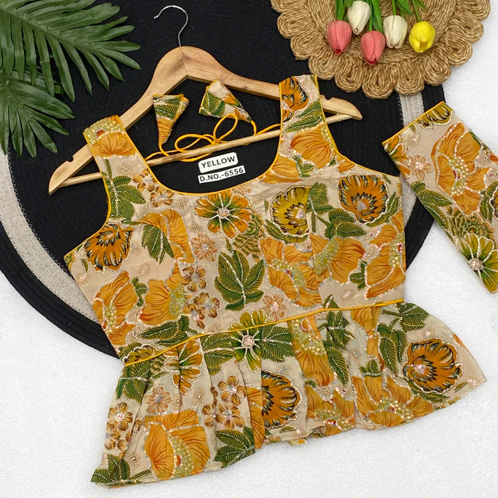 BL 6556 Crepe Viscose Peplum Blouse Position Print Embroidery And Convertible Sleeves