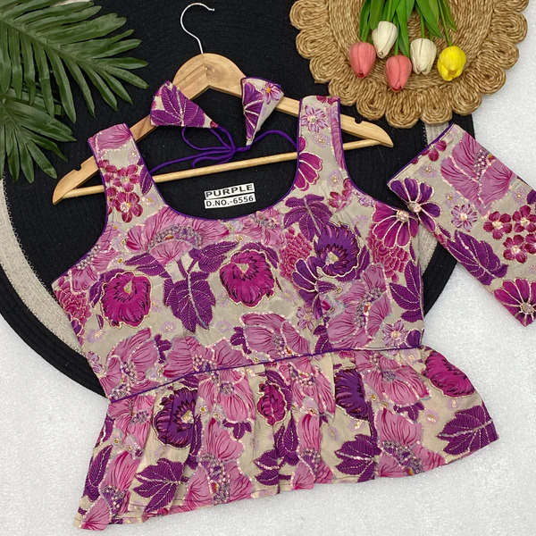 BL 6556 Crepe Viscose Peplum Blouse Position Print Embroidery And Convertible Sleeves