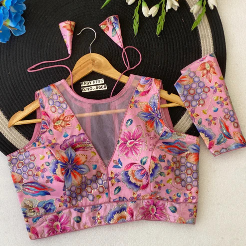 BL 6666 Deep V-Neck Convertible Sleeves Chinon Position Print Embroidery Blouse