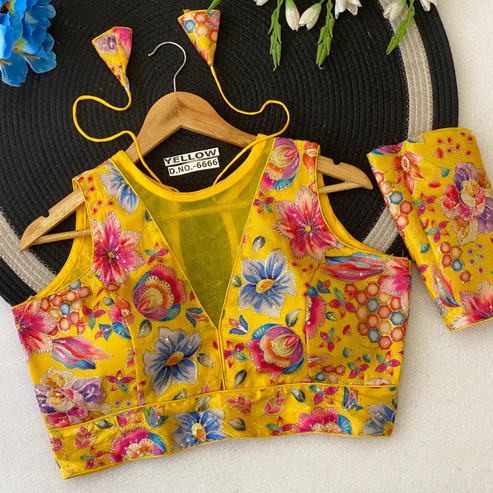 BL 6666 Deep V-Neck Convertible Sleeves Chinon Position Print Embroidery Blouse