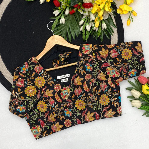 BL 6604 V-Neck Pure Natural Viscose Crepe Position Print Embroidery Blouse