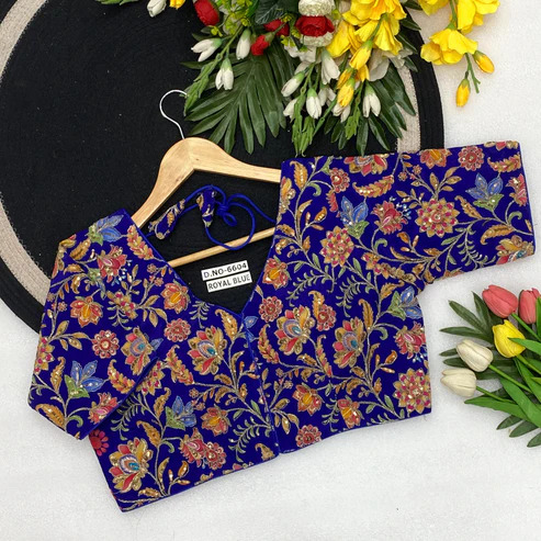 BL 6604 V-Neck Pure Natural Viscose Crepe Position Print Embroidery Blouse