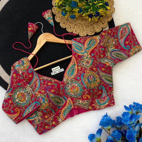 BL 6611 V-Neck Blouse Pure Natural Crepe Position Print Embroidery Blouse