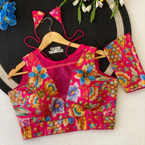 BL 6666 Deep V-Neck Convertible Sleeves Chinon Position Print Embroidery Blouse