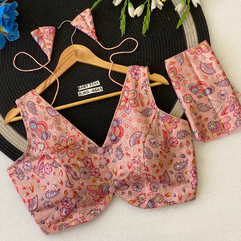 BL 6665 V-Neck Chinon Silk Position Print Embroidery Blouse