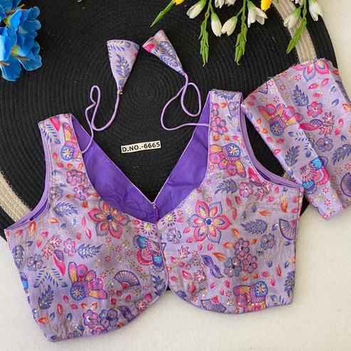 BL 6665 V-Neck Chinon Silk Position Print Embroidery Blouse