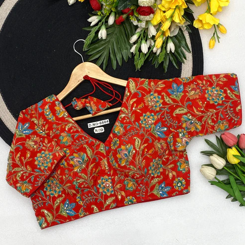 BL 6604 V-Neck Pure Natural Viscose Crepe Position Print Embroidery Blouse