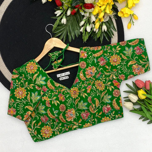 BL 6604 V-Neck Pure Natural Viscose Crepe Position Print Embroidery Blouse