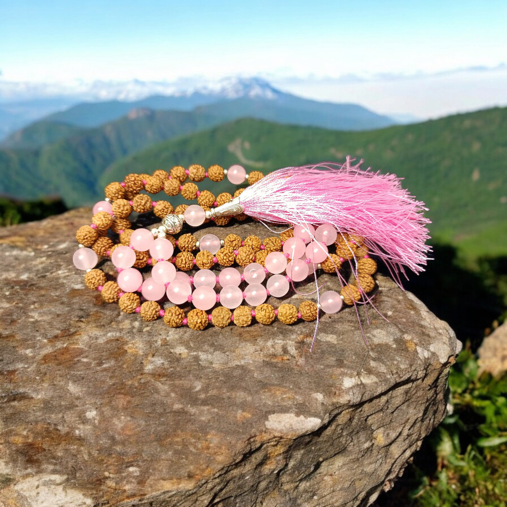 Rose Quartz And Rudraksha Mala