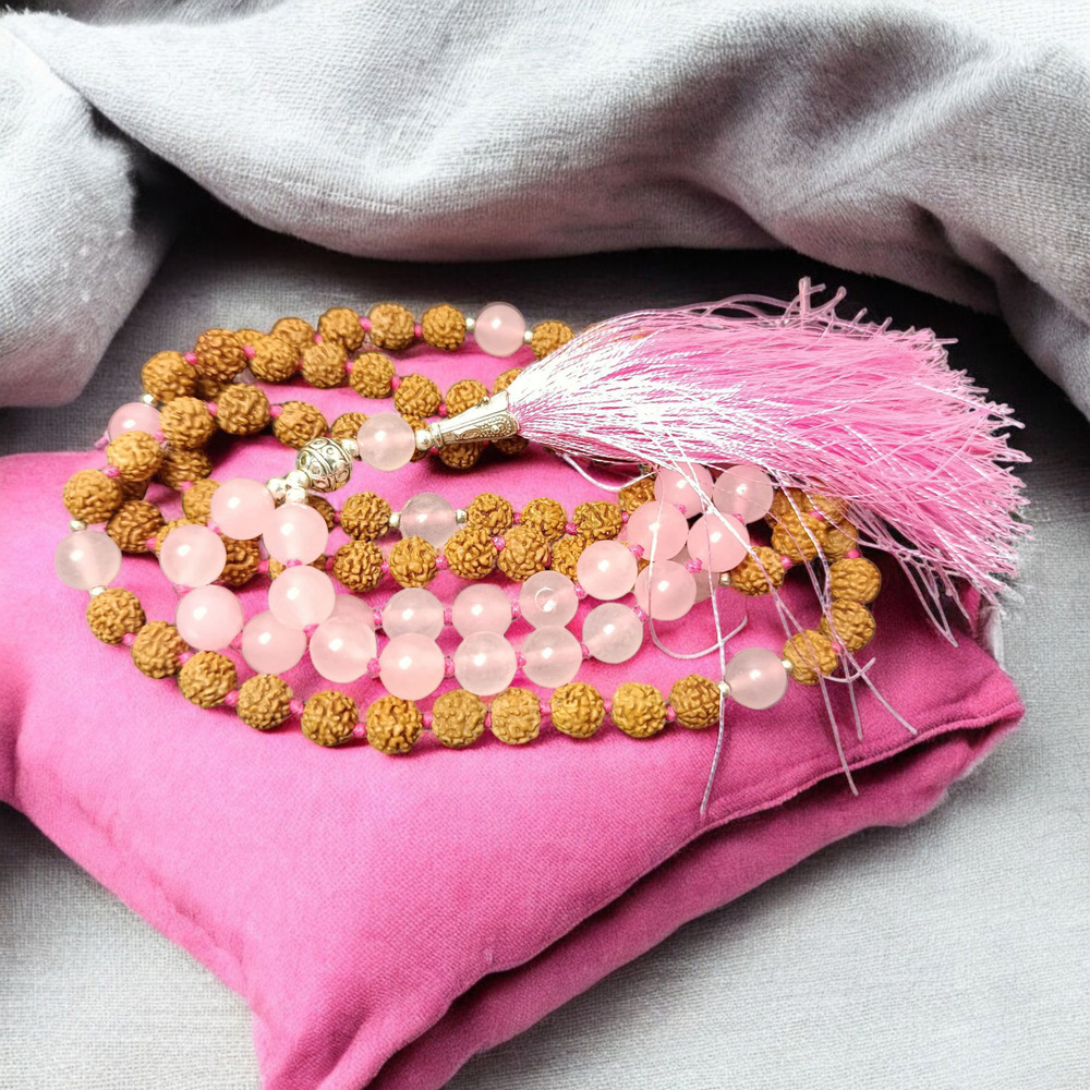 Rose Quartz And Rudraksha Mala